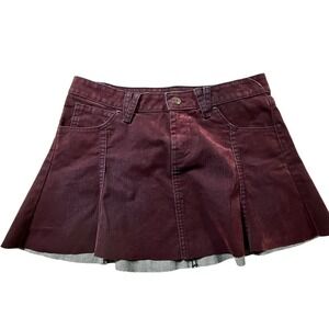 Burgundy Denim Mini Skirt Skater Style Raw Hem Maroon Size 2